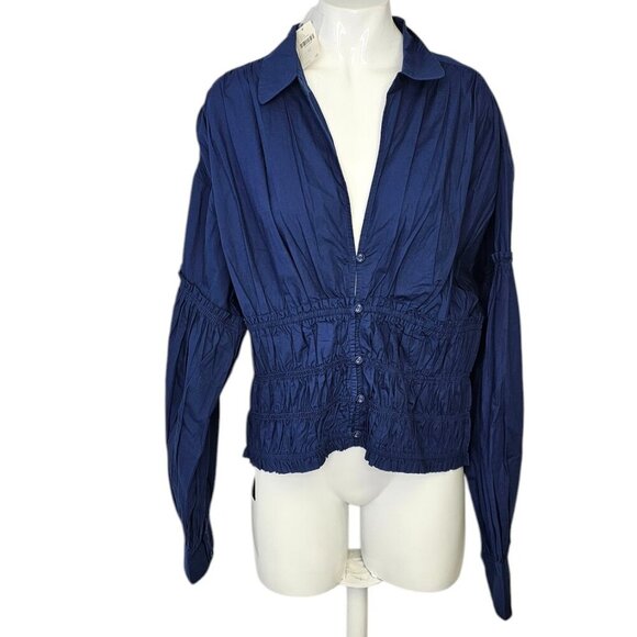 Anthropologie Balloon Sleeve Collared Shirred Blouse, Button Front, Blue, XL - Picture 1 of 9